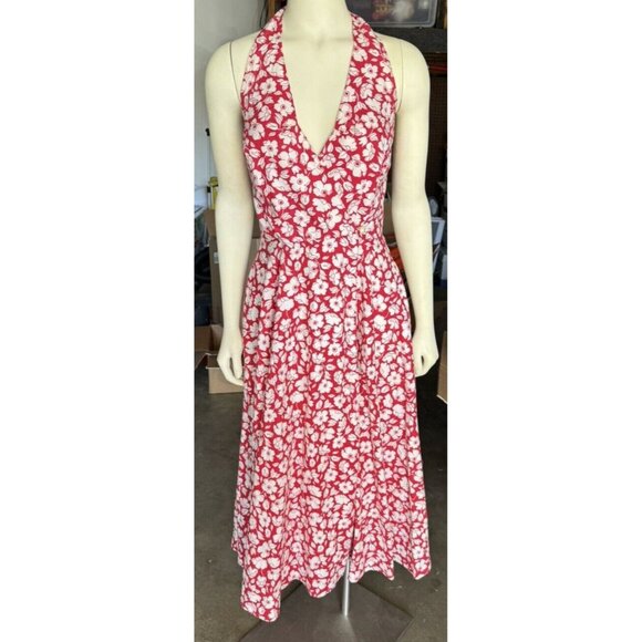 Laura Ashley Red Floral Halter Dress Vtg Sz 8 Cottage Core Garden Tea Party - Picture 1 of 16